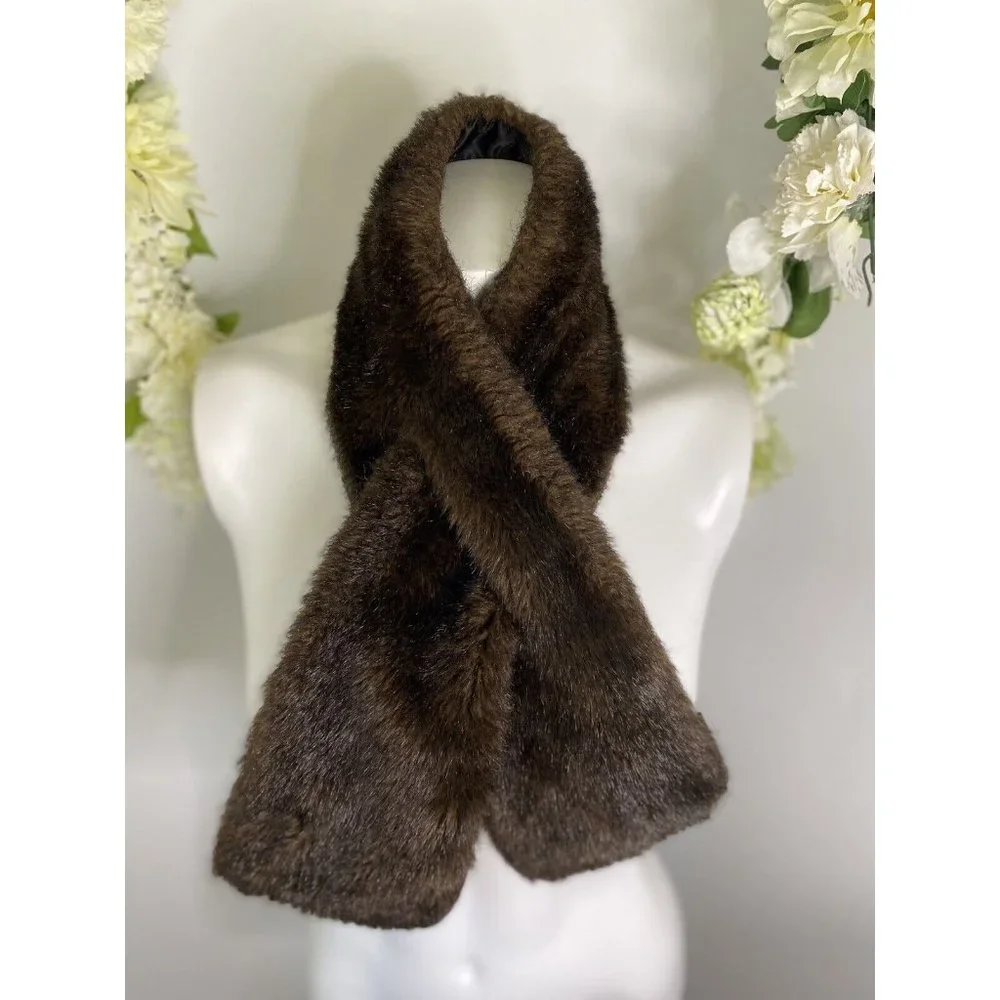 Vintage 60s Faux‎ Fur Shrug Wrap Cape Stole Brown Lined Stay Put 38